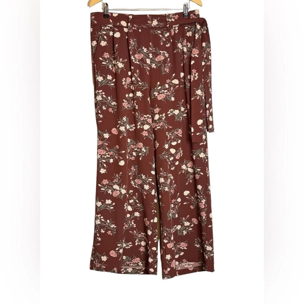 Torrid Wide Leg Pant Size 1X Crepe Floral Self Tie Belt Pockets Stretch - Picture 3 of 9